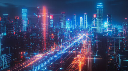 Fototapeta premium Smart digital Innovation city with connection network reciprocity over the cityscape. of future smart wireless digital city and social media networking systems that connects people with in city
