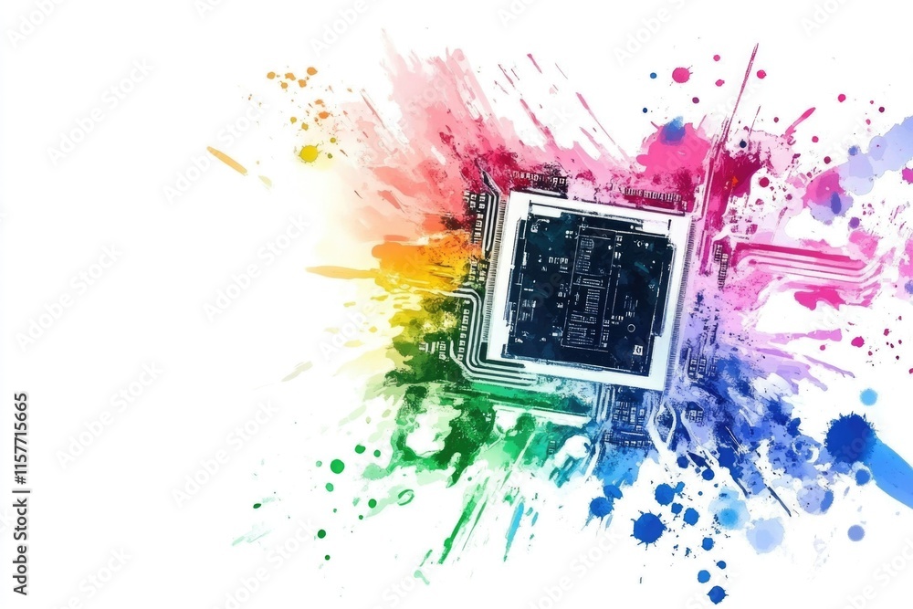 Poster a computer chip with vibrant paint splatters, great for technology and creativity concepts