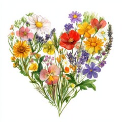Obraz premium Watercolor Wild Flowers in Shape of Heart Isolated on White Background 