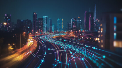 Fototapeta premium Smart digital Innovation city with connection network reciprocity over the cityscape. of future smart wireless digital city and social media networking systems that connects people with in city