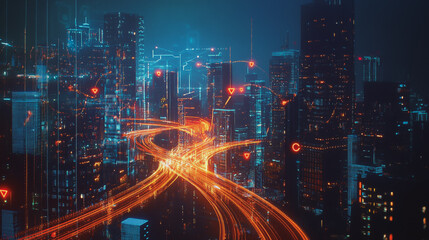 Fototapeta premium Smart digital Innovation city with connection network reciprocity over the cityscape. of future smart wireless digital city and social media networking systems that connects people with in city
