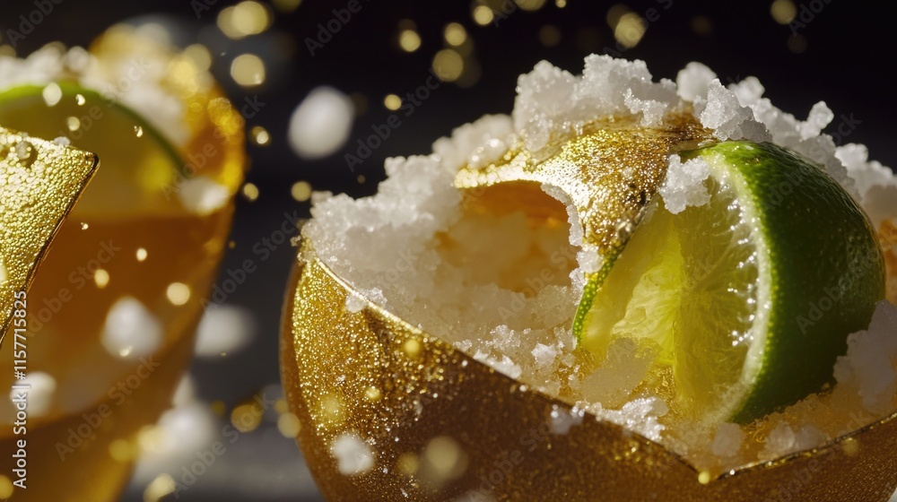 Poster Close-up shot of an orange with a lime slice inside, ready to be sliced and served