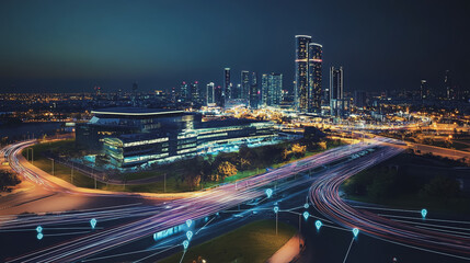 Smart digital Innovation city with connection network reciprocity over the cityscape. of future smart wireless digital city and social media networking systems that connects people with in city