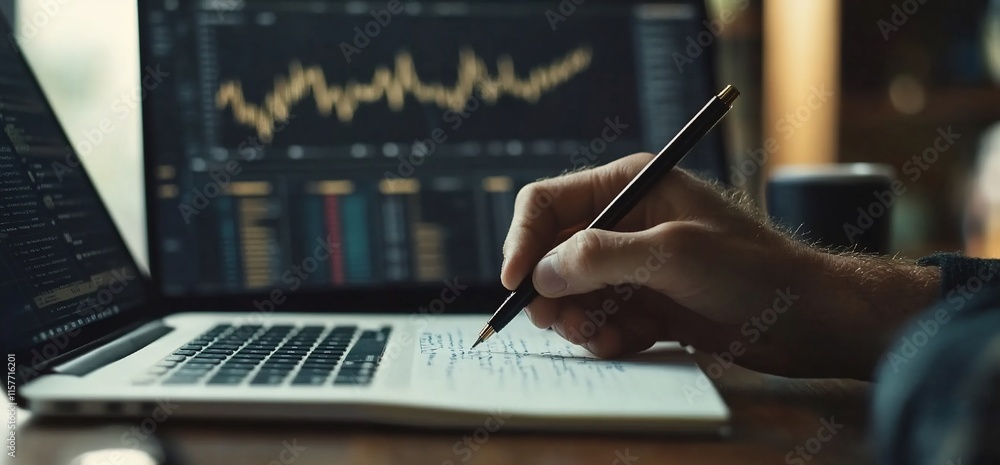 Poster a person writing notes beside a laptop displaying data charts.