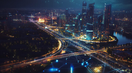 Smart digital Innovation city with connection network reciprocity over the cityscape. of future smart wireless digital city and social media networking systems that connects people with in city