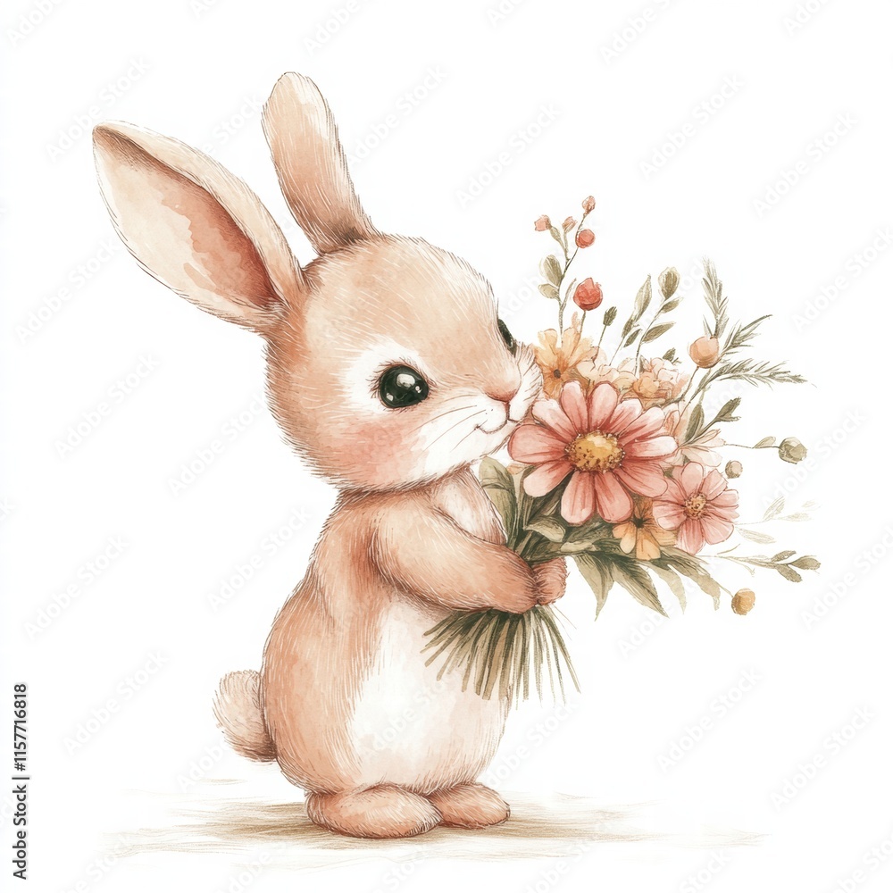 Poster Cuddly rabbit holding a beautiful bouquet of flowers with space for text in a charming illustration for various occasions. Generative AI