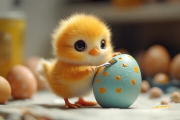 A small yellow chicken stands next to a bright blue egg, showcasing its unique color combination