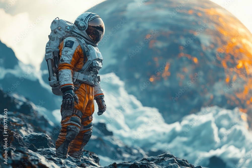 Poster astronaut standing near planet, possible space exploration scene