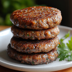 Homemade breakfast sausage patties stacked on plate, showcasing deliciously browned exterior and fresh herbs. Perfect for hearty morning meal