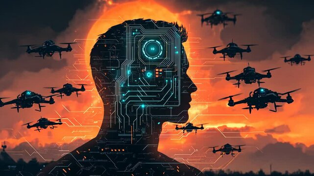 Exploring the future of technology and humanity as drones hover against a vibrant sunset backdrop