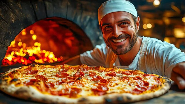 Smiling chef presenting a freshly baked pepperoni pizza from a traditional wood-fired oven