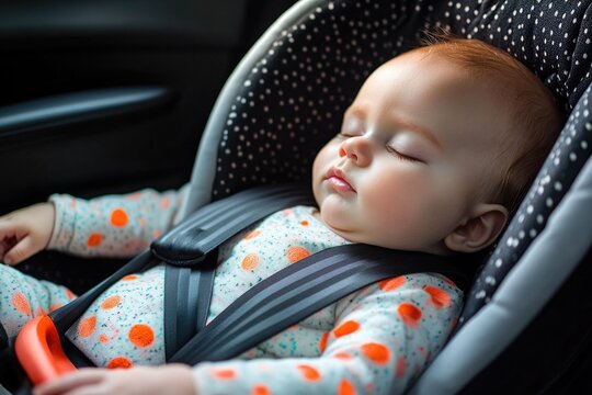 A baby peacefully sleeping in a car seat