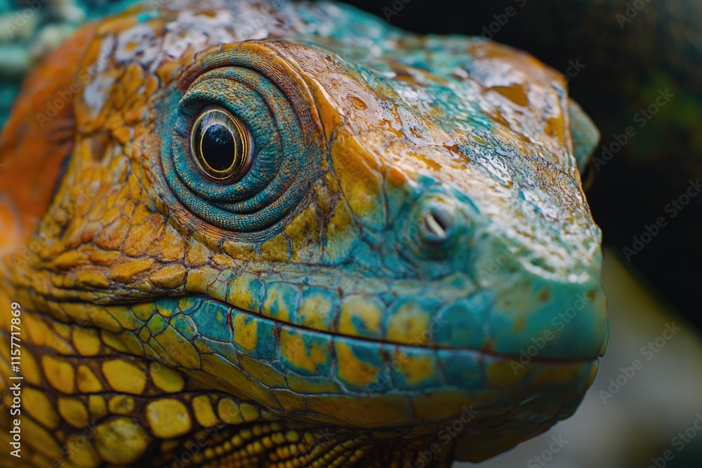 Poster a close-up view of a lizard's face, blurred background