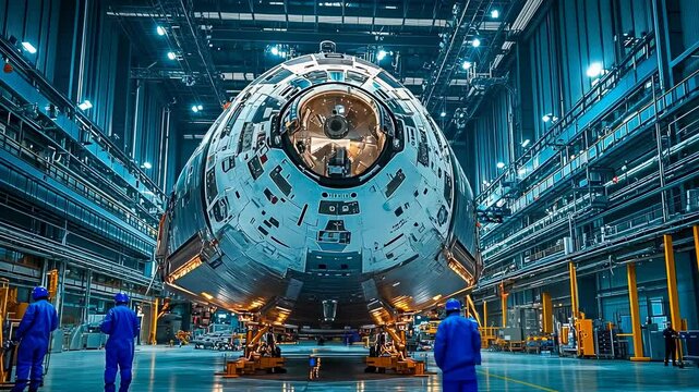 In a large, high-tech facility, a spacecraft is being prepared for launch. Male engineers in blue uniforms collaborate in the cool, industrial environment, highlighting innovation and teamwork.