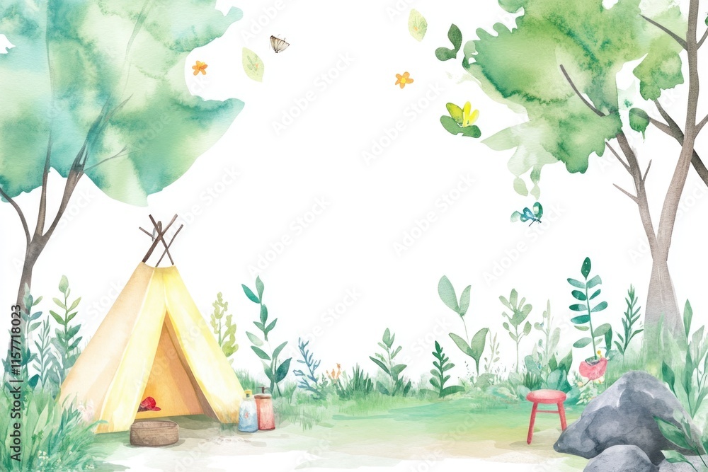 Poster A single tent in a forest setting with trees and foliage around