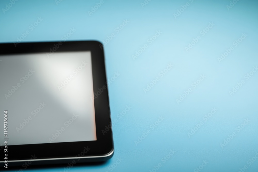 Poster a tablet computer placed on a blue surface, possibly for demonstration or presentation
