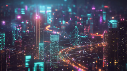 Smart digital Innovation city with connection network reciprocity over the cityscape. of future smart wireless digital city and social media networking systems that connects people with in city