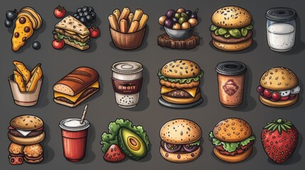 Illustrate a series of food and dining symbols