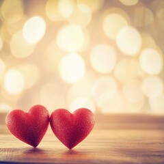 Obraz premium A pair of red hearts placed on a wooden table, great for romantic occasions or Valentine's Day decorations