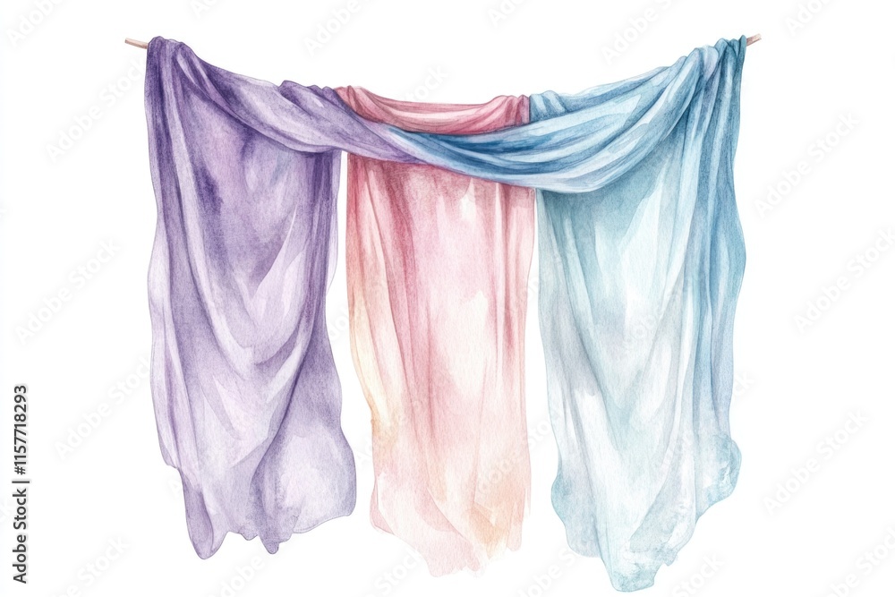 Poster Three colorful scarves hang drying on a clothes line, perfect for adding a pop of color to any scene