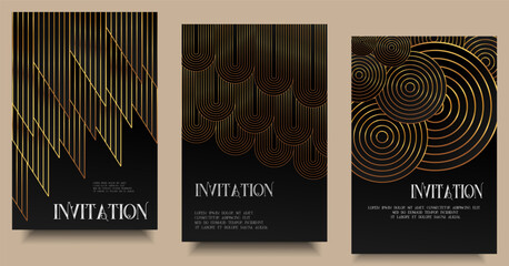 Luxury invitation, Elegant template, Card frame art deco flyer and square card set. Golden geometric gradient on dark background. Premium design for gala, grand opening, party invitation, layout.