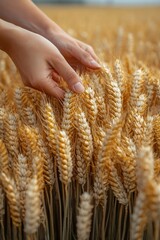 A person interacting with a bundle of wheat in a natural setting