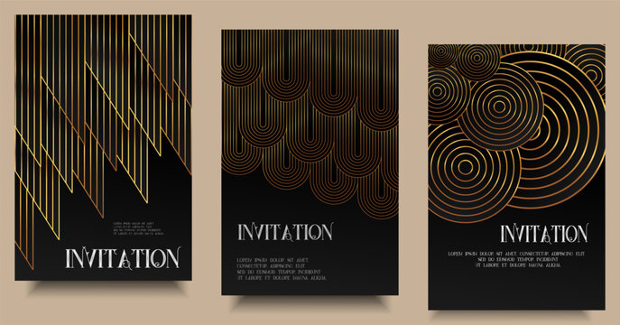 Luxury invitation, Elegant template, Card frame art deco flyer and square card set. Golden geometric gradient on dark background. Premium design for gala, grand opening, party invitation, layout.