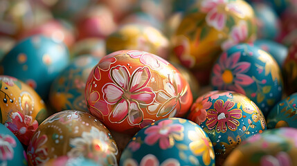 close up of vibrant easter eggs with hand painted floral detail, a colorful and decorative image capturing the essence of spring and easter traditions, a stock photo

