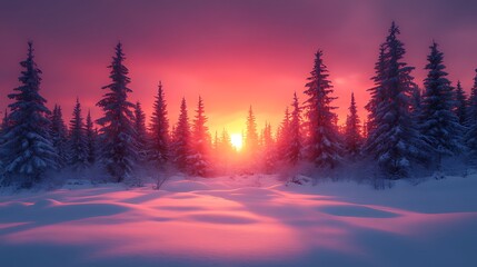 Vibrant sunset casting pink light over snow-covered pine forest.