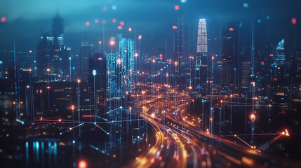 Fototapeta premium Smart digital Innovation city with connection network reciprocity over the cityscape. of future smart wireless digital city and social media networking systems that connects people with in city