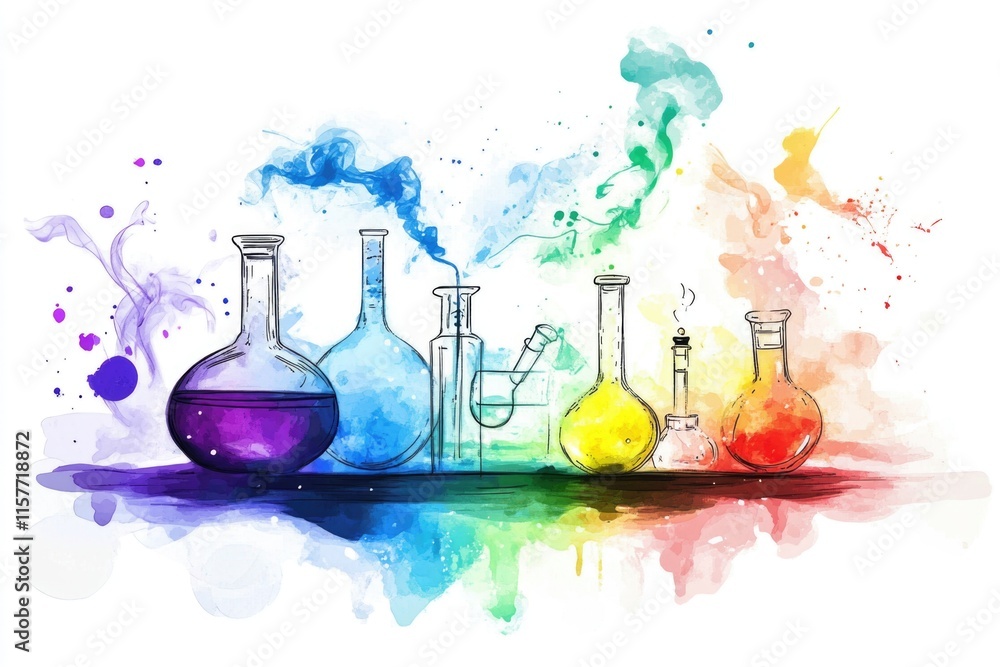 Poster a collection of colorful flasks placed on a table