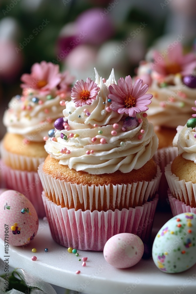 Poster a selection of colorful cupcakes arranged on a white plate, topped with creamy frosting and sprinkle