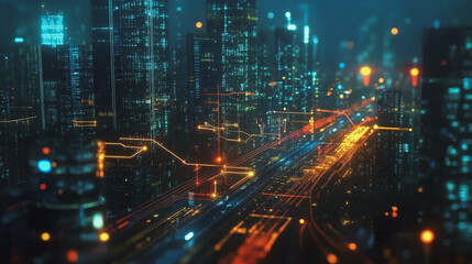 Naklejka premium Smart digital Innovation city with connection network reciprocity over the cityscape. of future smart wireless digital city and social media networking systems that connects people with in city