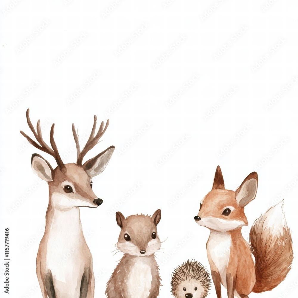 Poster illustration of various forest animals gathering in a tranquil setting during a sunny day. generativ