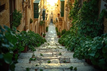 A narrow street lined with potted plants, perfect for use in real estate or interior design images