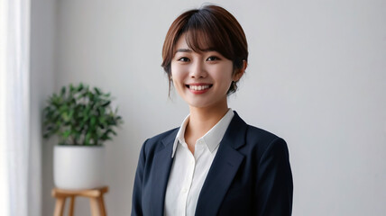 Potrait of Japanese woman short hair wearing formal black suits smiling front camera on white background ai generate