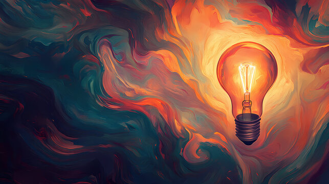 An incandescent lightbulb, glowing brightly against a background of swirling colors, evokes a sense of warm, inviting light and a sense of wonder. Incandescent. Illustration