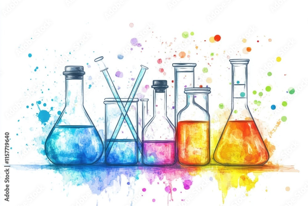Poster a collection of laboratory flasks containing various colored liquids for experiments and scientific 