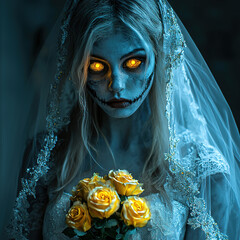A blue zombie bride with glowing yellow eyes