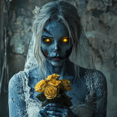 A blue zombie bride with glowing yellow eyes