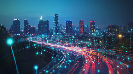 Fototapeta premium Smart digital Innovation city with connection network reciprocity over the cityscape. of future smart wireless digital city and social media networking systems that connects people with in city