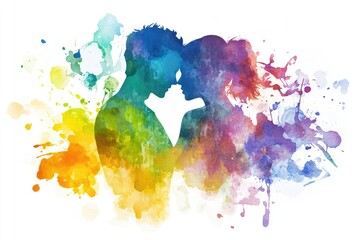 A couple's silhouette is set against a vibrant and colorful background, ideal for use in romantic or celebratory scenes