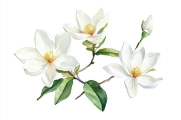 Obraz premium A bouquet of three pure white flowers on a slender branch, simple yet elegant