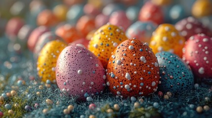 Fototapeta premium Colorful decorated eggs situated on a vibrant green grassy area