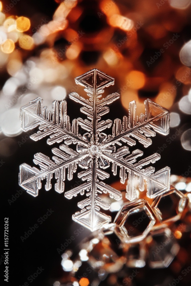 Poster Close-up of a delicate snowflake with warm lights shining through