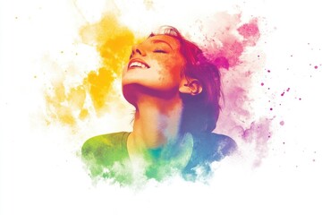 A woman with her eyes closed, wearing vibrant rainbow makeup