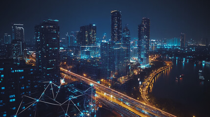Obraz premium Smart digital Innovation city with connection network reciprocity over the cityscape. of future smart wireless digital city and social media networking systems that connects people with in city