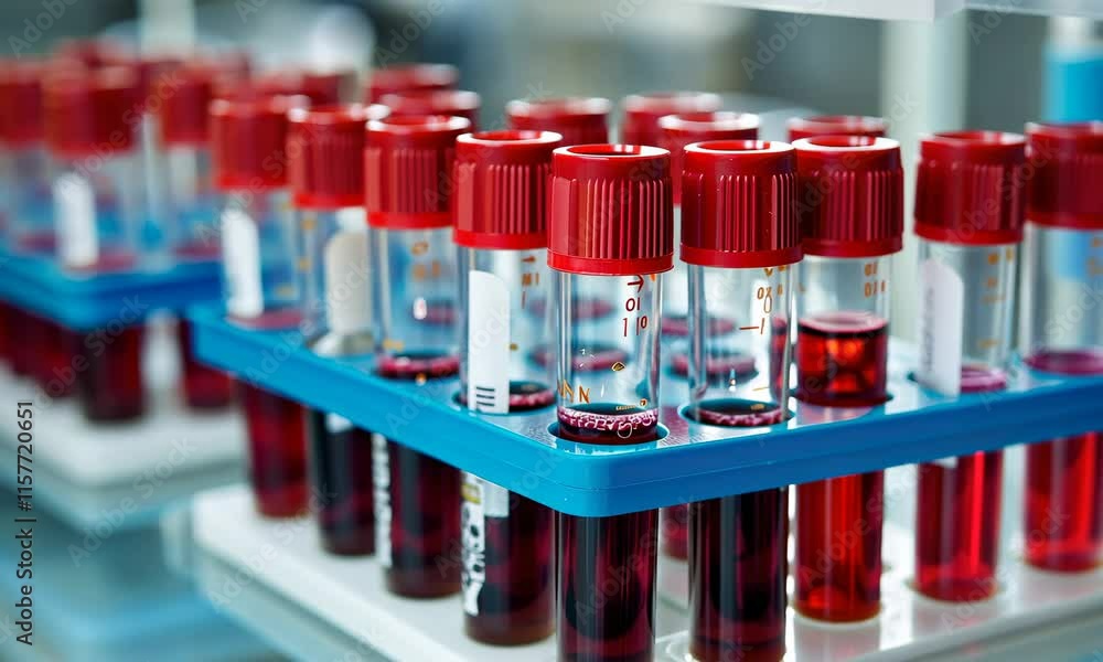 Poster rows of blood samples in test tubes with red caps lab setting