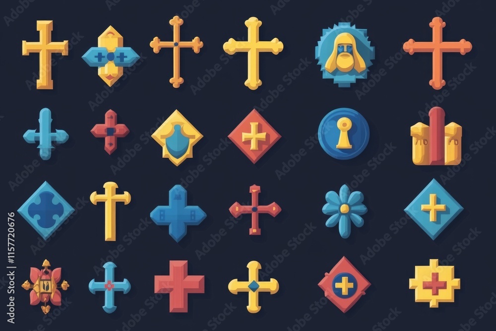 Poster a collection of differently colored crosses against a dark backdrop, ideal for use in religious or i