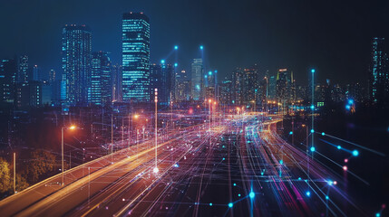 Fototapeta premium Smart digital Innovation city with connection network reciprocity over the cityscape. of future smart wireless digital city and social media networking systems that connects people with in city